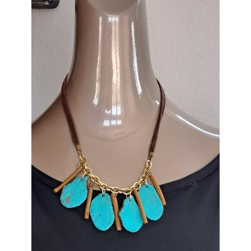 Womens Turquoise Faux Stone Statement Necklace Brown Cord Gold Tone Boho Bib